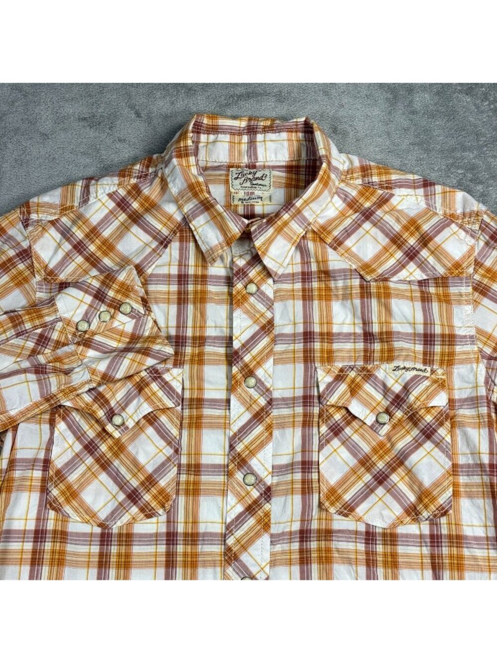 Vintage Lucky Brand Pearl Snap Button Up Shirt Mens M Western Plaid Rodeo Cowboy